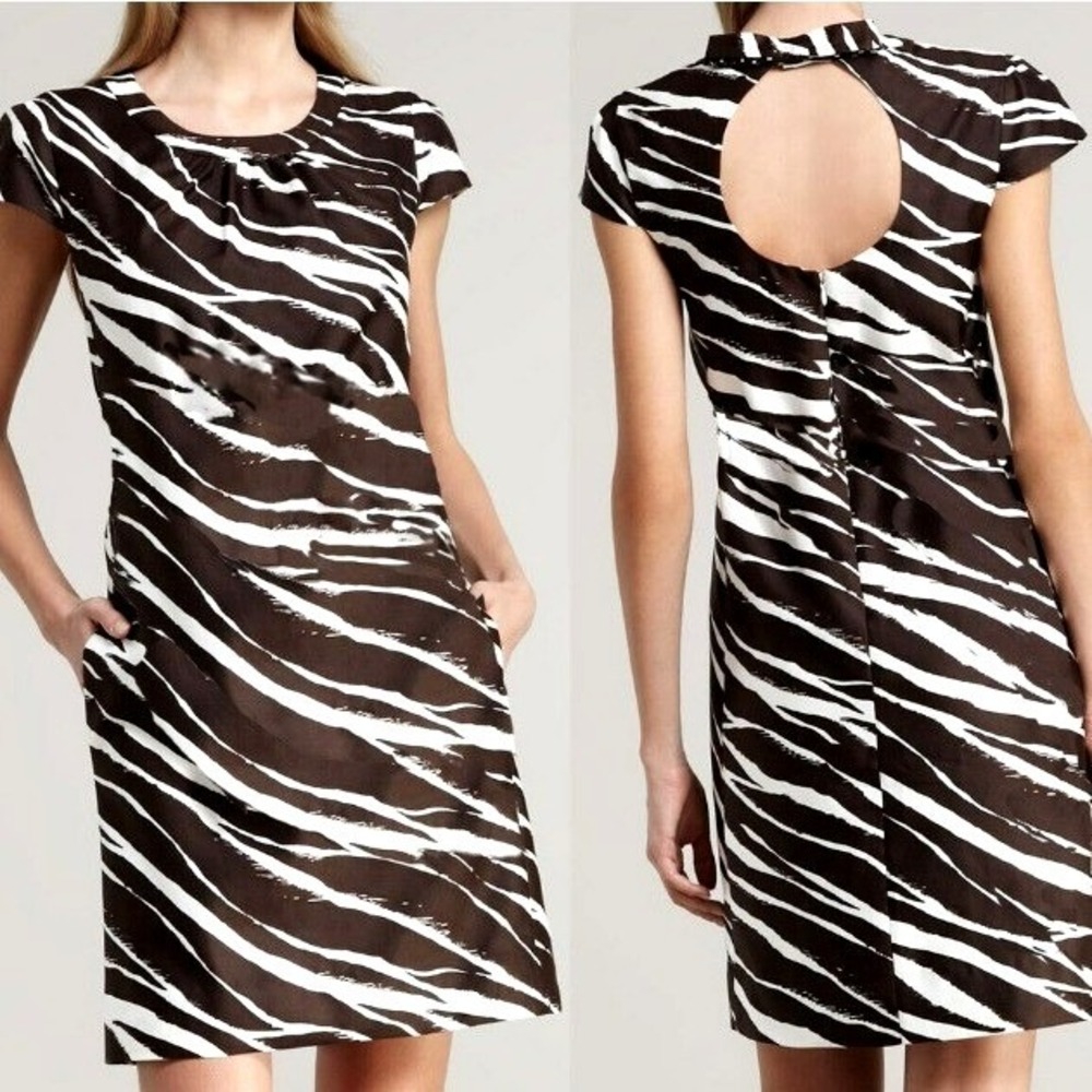 KATE SPADE Women's 10 Brown Cream Zebra Print Keyhole Back Shift Dress Pockets